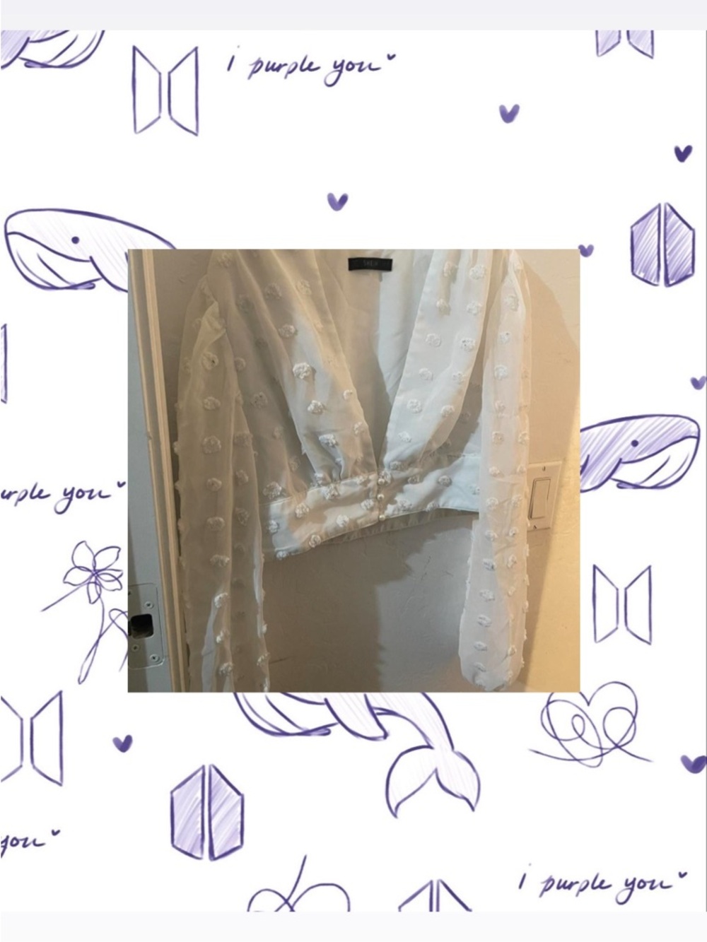Sheer sleeves White Textured Swiss Dot V-Neck Women's Top
